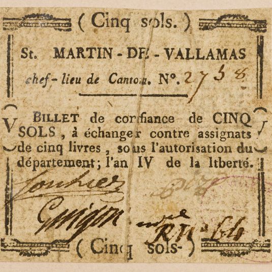 Billet de confiance de 5 sols, Saint-Martin-de-Valamas, n° 2738, an 4 de la Liberté