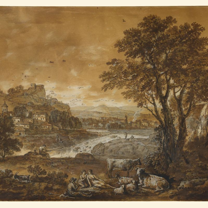 A Landscape with Shepherds Resting Under a Tree by a Cascade (recto); Sketch of a Landscape (verso)