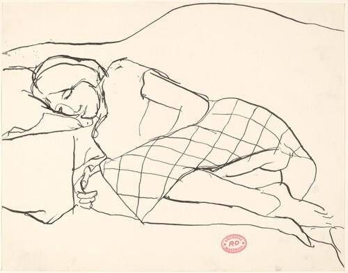 Untitled [woman in a checked skirt resting on her side]