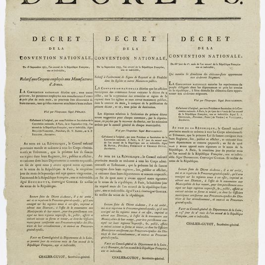 DECRETS./ DECRET/ DE LA/ CONVENTION NATIONALE,/ Du 18 Septembre 1973 [sic], l'an second de la République Françoise [sic],/ une et indivisible,/  Relatif aux Citoyens employés aux Manufactures/ d'Armes.
