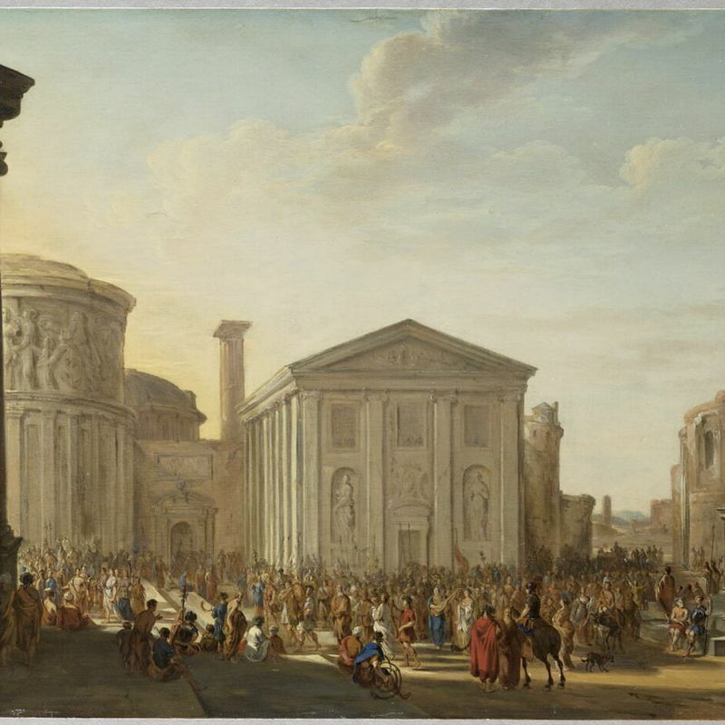 View of ancient architecture with a crowd in procession