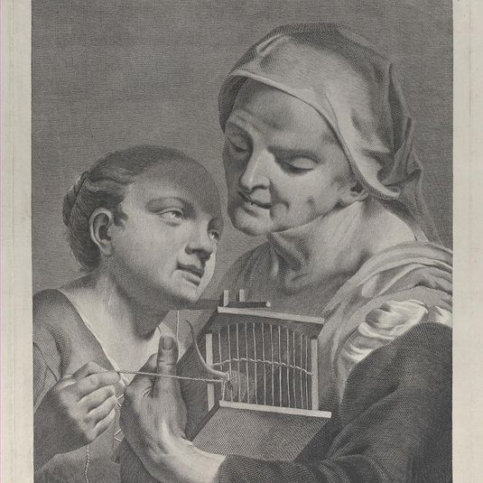 An old woman holding a mousetrap while a young girl holds a string attached to its tail