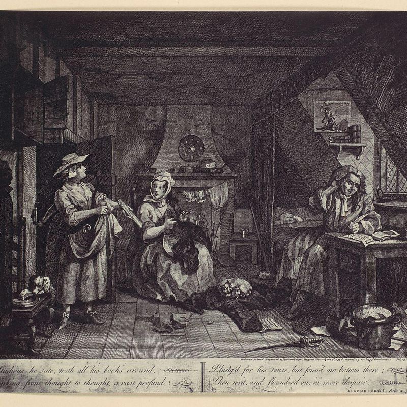[photo-reproduction of Hogarth's print illustrating the Dunciad, Book I, line III]