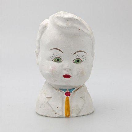 Plaster Money Box/Child'S Head From Mould With Painted Facial Features