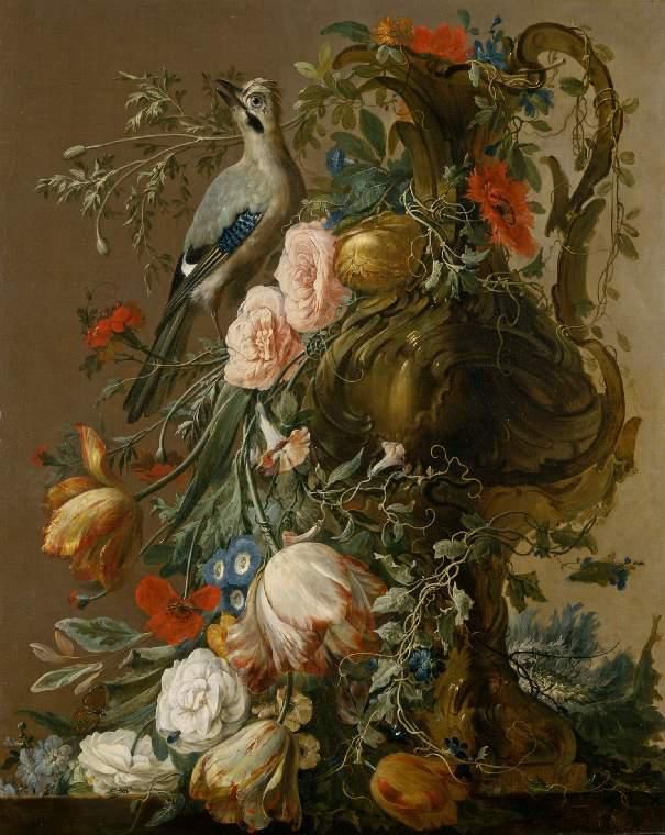 A sculpted stone vase with Roses, Anniula, Poppies, Convolvulus, with a Jay on a ledge