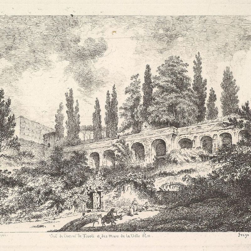 View of the entrance to Tivoli and the walls of the Villa d'Este, horsemen approaching the entrance at bottom center, arched entrance in the middleground, cyrus trees and other plants surrounding