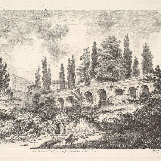 View of the entrance to Tivoli and the walls of the Villa d'Este, horsemen approaching the entrance at bottom center, arched entrance in the middleground, cyrus trees and other plants surrounding