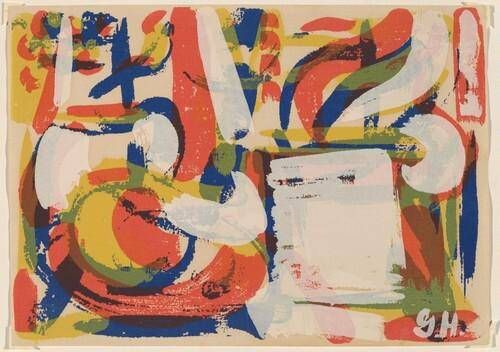 Untitled (Gestural abstraction suggesting interior with table-top still-life)