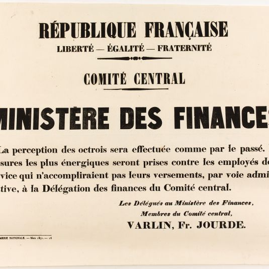 REPUBLIQUE FRANCAISE/ LIBERTE - EGALITE - FRATERNITE/ COMITE CENTRAL, MINISTERE DES FINANCES/ La perception des octrois sera effectuée comme par le passé.