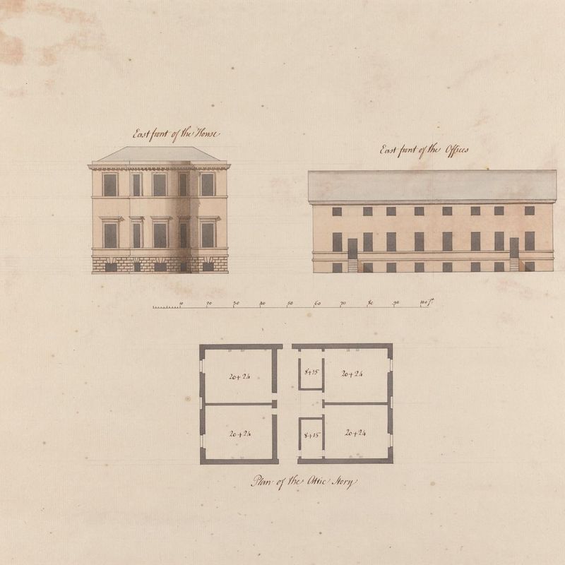 Headfort House: East Elevation of House, East Elevation of Offices, and Attic Story Plan