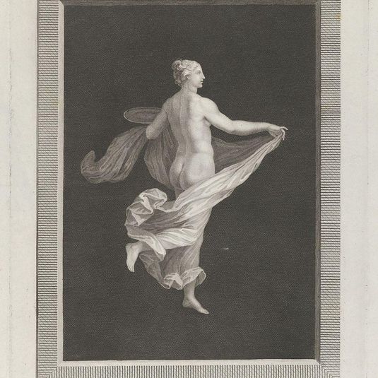 A partly naked bacchante seen from behind, facing right and holding an oval dish in her left hand, her drapery in her right, set against a black background inside a rectangular frame