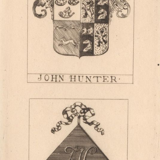 John Hunter's Book Plate with Armorial Bearings and Mrs. Hunter's Book Plate with her Monogram