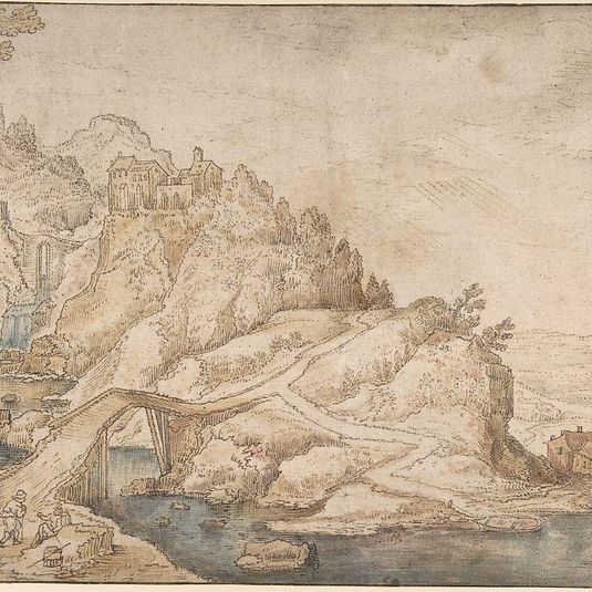 Hilly Landscape with River, Bridge and Houses with Two Figures at Left