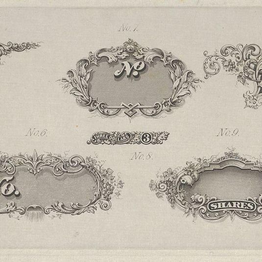 Banknote motifs: six small lathe work designs for corners, frames and numbers