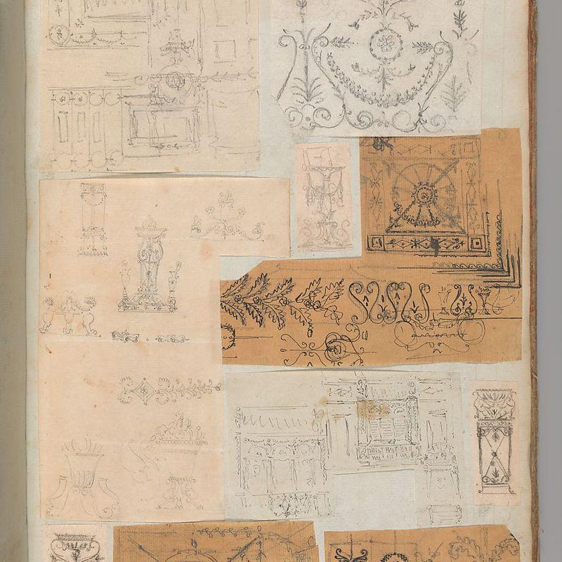 Page from a Scrapbook containing Drawings and Several Prints of Architecture, Interiors, Furniture and Other Objects