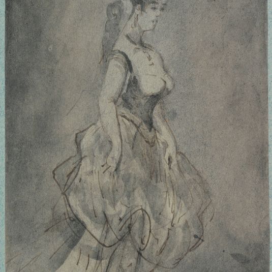 Étude de femme en pied, robe décolletée, profil de droite