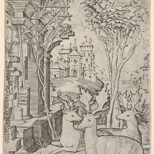 Three Stags, sitting in the ground, buildings in background