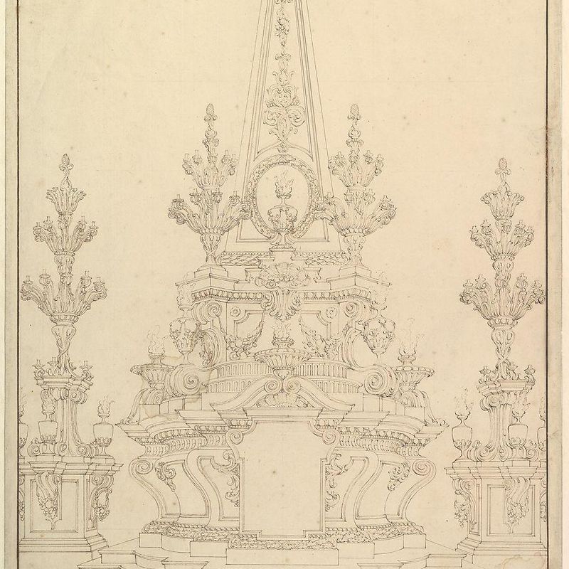 Elevation of a Catafalque: Two Pedestals with Candelabra at Sides; with Central Obelisk Surrounded by Candelabra.Verso: Sketch of architecture: archway and corner with pillars.