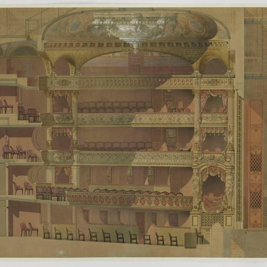 Théâtre du Vaudeville : coupe longitudinale en élévation de la salle et de la scène