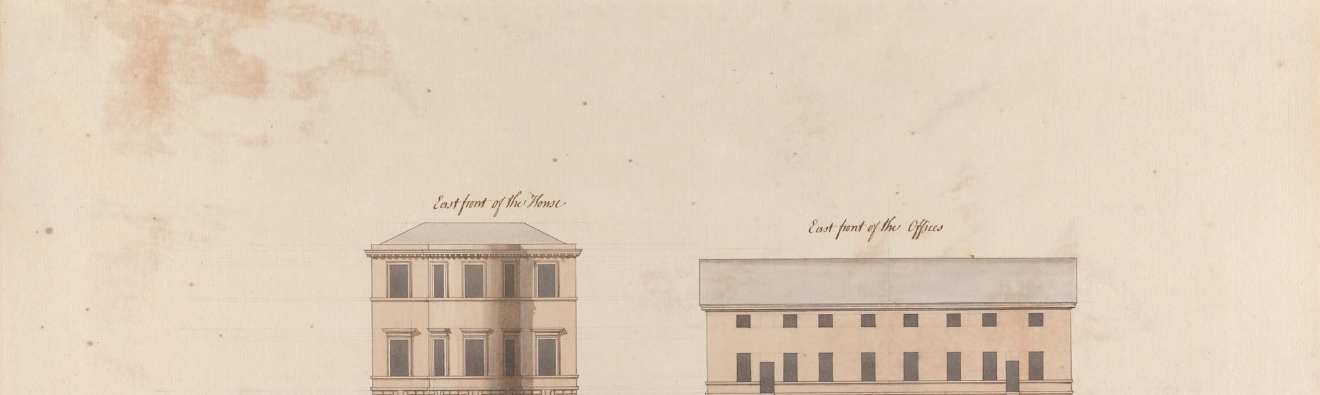 Headfort House: East Elevation of House, East Elevation of Offices, and Attic Story Plan