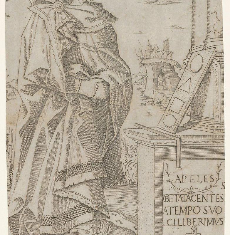Apelles standing profile looking at a tablet of geometric figures