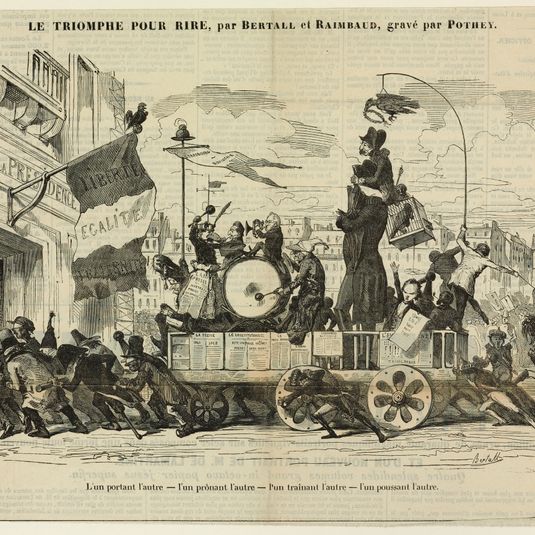 Le triomphe pour rire, par Bertall et Raimbaud, gravé par Pothey : L'un portant l'autre, l'un prônant l'autre, l'un traînant l'autre, l'un poussant l'autre