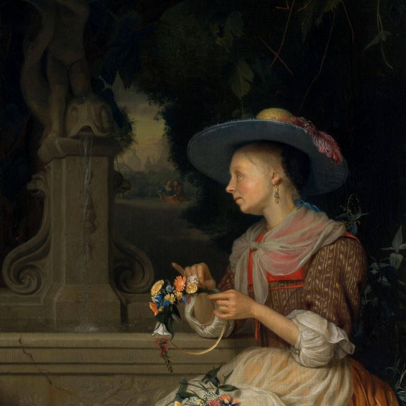 Woman Weaving a Crown of Flowers