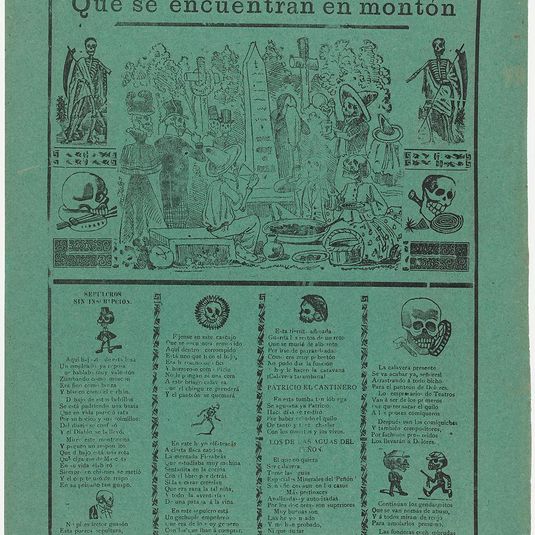 The pantheon of all the skeletons who are eating and drinking in a cemetery (Posada); flanked by skeletons holding scythes (Manilla)