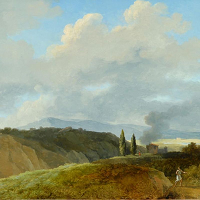 Landscape with man frightened by a snake