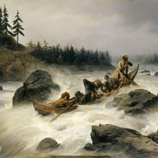The Duke of Orleans riding down the great rapid of Eijanpaikka at the Muonio River (Lapland), August 1795