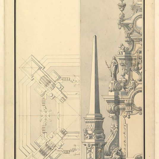 Half elevation and half ground plan for a catafalque for Margherite Louise d'Orleans, Granduchess of Tuscany (1645-1721)