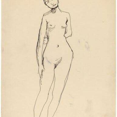 Frontal Nude Standing with Left Arm Behind Back, Head Tilted to the Left