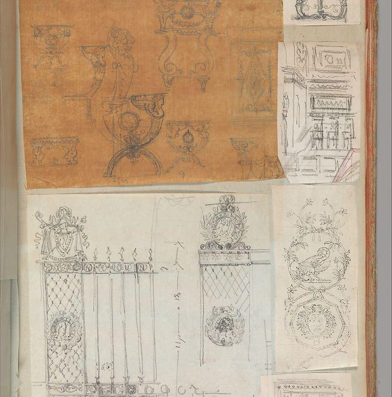 Page from a Scrapbook containing Drawings and Several Prints of Architecture, Interiors, Furniture and Other Objects