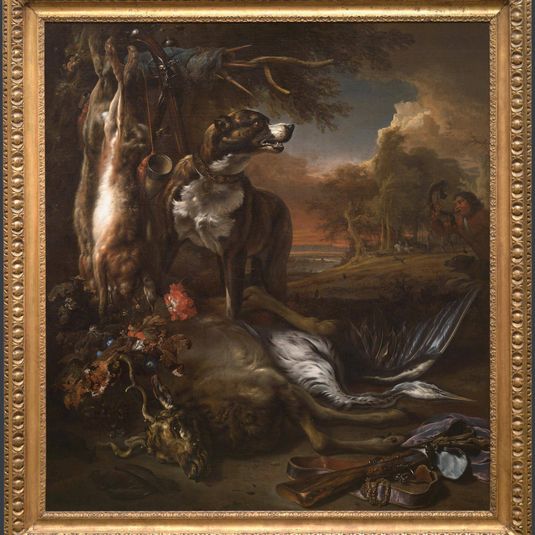 A Deerhound with Dead Game and Implements of the Chase