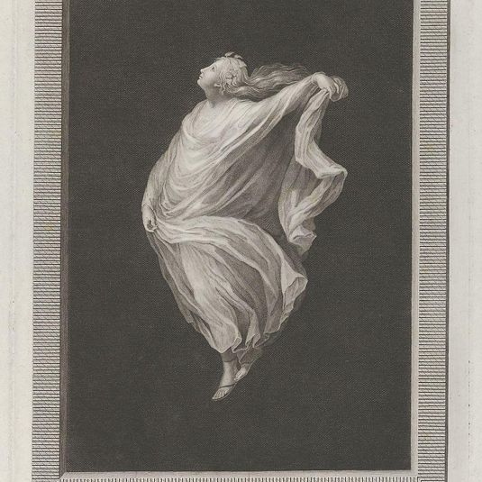A bacchante seen in profile facing left, with outstretched left arm holding her drapery, set against a black background inside a rectangular frame
