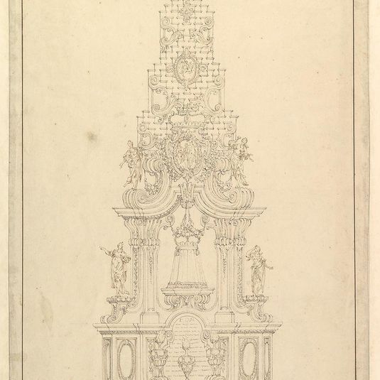 Elevation of a Catafalque: the Central Part Comprised of a Series of Steps to Top; with Statues and Central Cartouche with a Figural Scene: a Figure Kneeling before Virgin and Child (?)