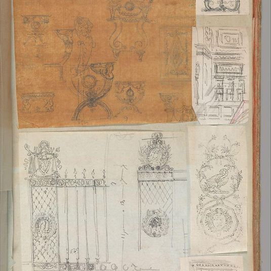 Page from a Scrapbook containing Drawings and Several Prints of Architecture, Interiors, Furniture and Other Objects