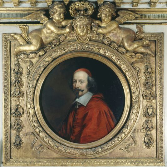 Le Cardinal Jules Mazarin (1602-1661). Portrait enchassé dans le manteau de la cheminée des boiseries, jadis dans l'Hôtel Colbert-de-Villacerf, situé 23 rue de Turenne, actuel 4ème arrondissement.