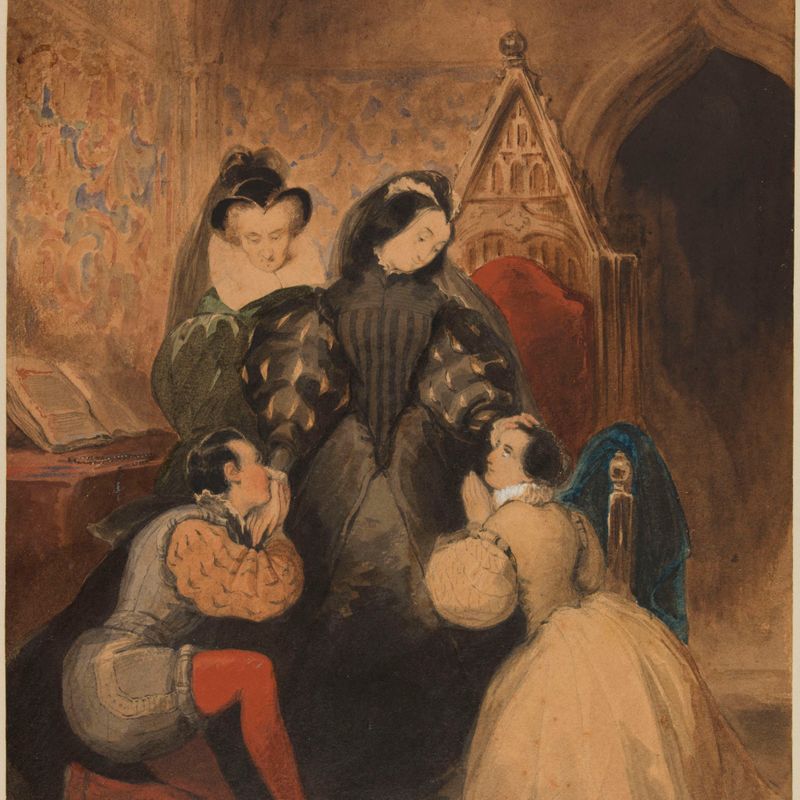 Marie Stuart bénissant Roland Grœme et Catherine Seyton (Scène de l'Abbé de Walter Scott, chap. XXXI)