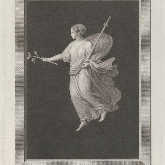 A bacchante holding a sword in her left arm and a branch with fruit in her right hand, set against a black background inside a rectangular frame