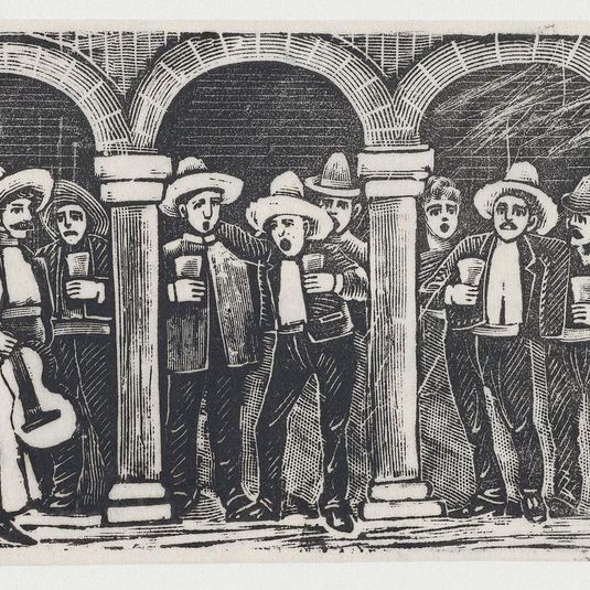 Musicians standing in an arcade having a drink