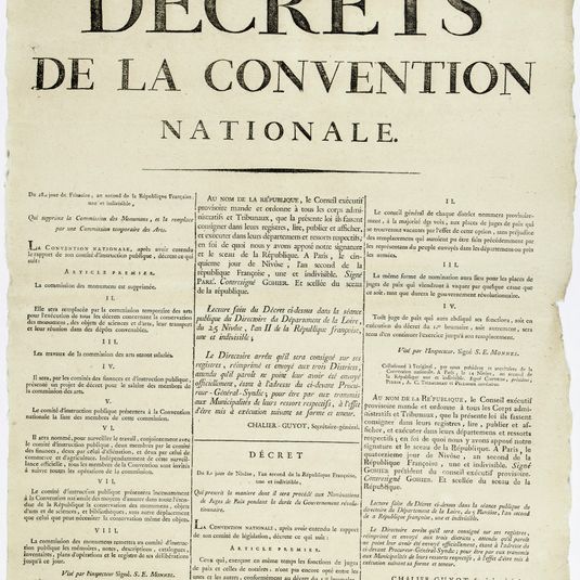 DECRETS/ DE LA CONVENTION/ NATIONALE./ Du 28e. jour de Frimaire, an second de la République Française,/ une et indivisible,/ Qui supprime la Commission des Monumens [sic], et la remplace/ par une Commission temporaire des Arts.