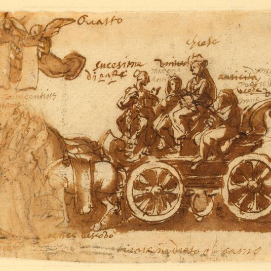 Page of a sketchbook; Chariot and three horses