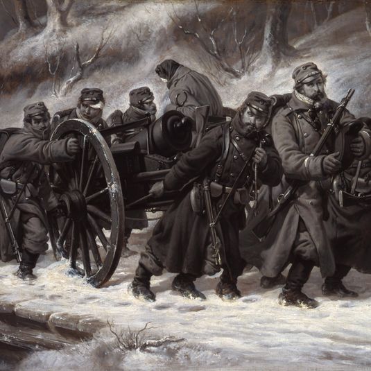 Danish infantrymen pull a gun carriage during the retreat from the Danevirke position in 1864