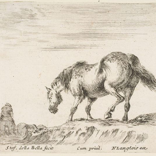 Plate 4: a horse in profile facing the left, about to descend from a mound, a horseman to left in background, from 'Diversi capricci'