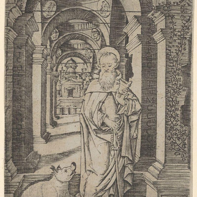 Saint Antony Abbot standing within a colonnade