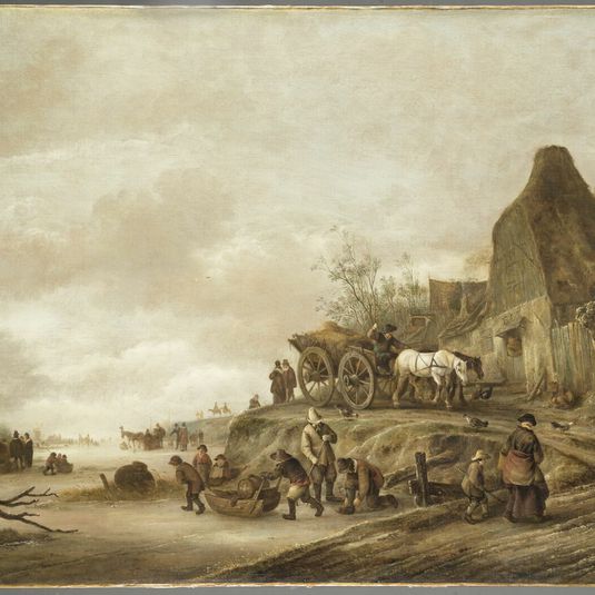 Frozen stream with, on the side, a cart going down a path lined with houses and wooden fences