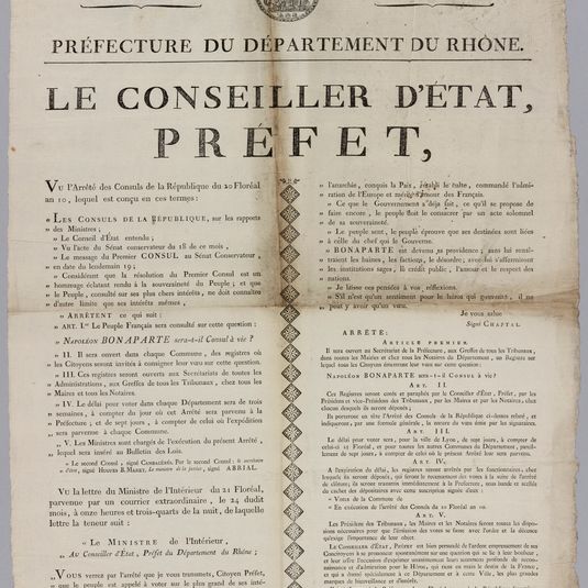 LIBERTE./ EGALITE./ PREFECTURE DU DEPARTEMENT DU RHÔNE./ LE CONSEILLER D'ETAT,/ PREFET,/ VU l'Arrêté des Consuls de la République du 20 Floréal/ an 10, lequel est conçu en ces termes:/ " LES CONSULS DE LA REPUBLIQUE, sur les rapports/ " des Ministres;/...
