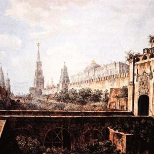 View of Nikolskaya tower and gates of Moscow Kremlin and the moat in place of present day graveyard near Kremlin Wall and part of Red Square