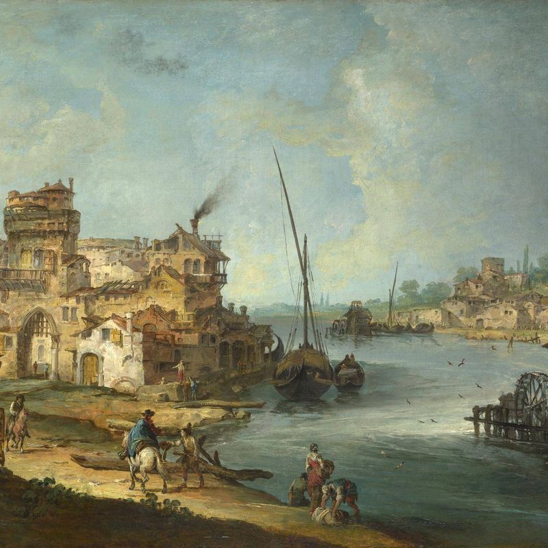 Buildings and Figures near a River with Shipping